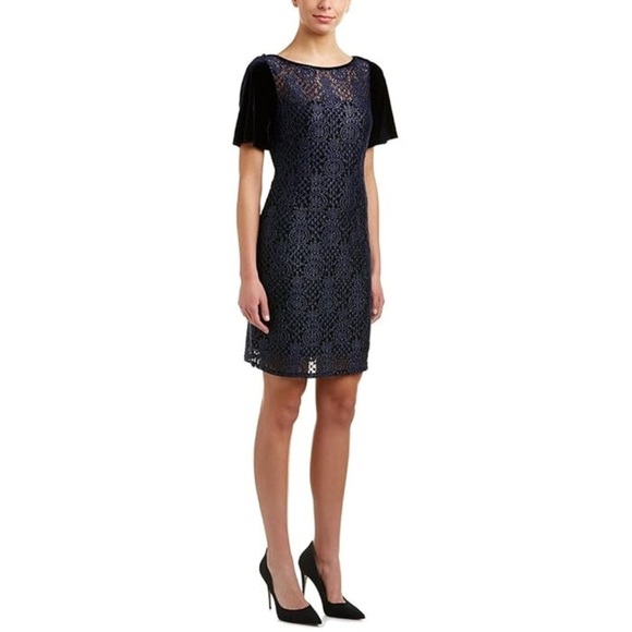 T Tahari Blue Metallic Lace Velvet Dress Sheath Boat Neck Size Medium - Picture 1 of 8